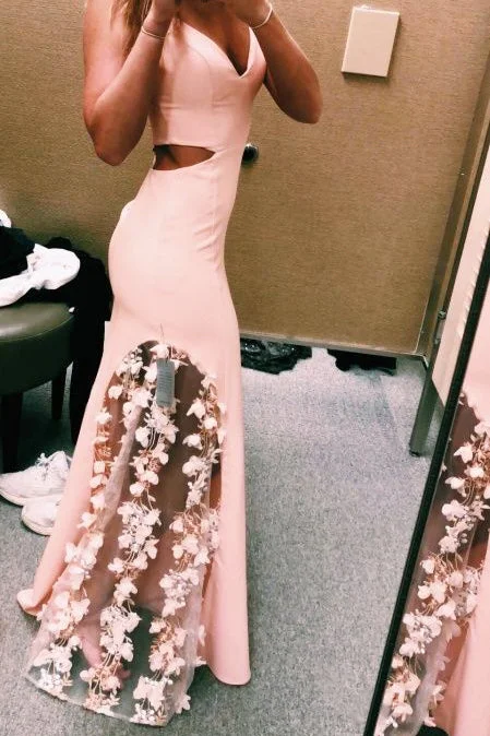 prom dress fitting adviceSpaghetti Straps Appliques Mermaid Blush Pink Prom Dress