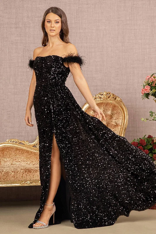 short prom dressesFeather Sequin Velvet Mermaid w/ Velvet Side Waist Layer Long Prom Dress GLGL3163