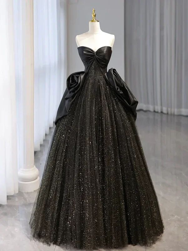 spaghetti strap prom dressesShiny Black Sweetheart A-Line Tulle Long Formal Prom Dress MD7760