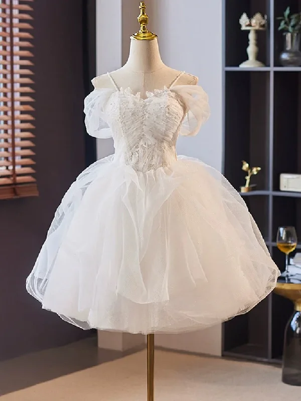 A-line prom dressesOff Shoulder Sweetheart Homecoming Dress Tulle Lace White Short Prom Dress  MD7230