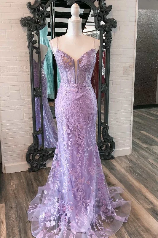 prom dresses for winterLavender Floral Appliques Split Neck Mermaid Long Prom Dress