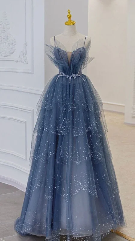 prom dress accessoriesblue tulle sequin long prom dress M4985