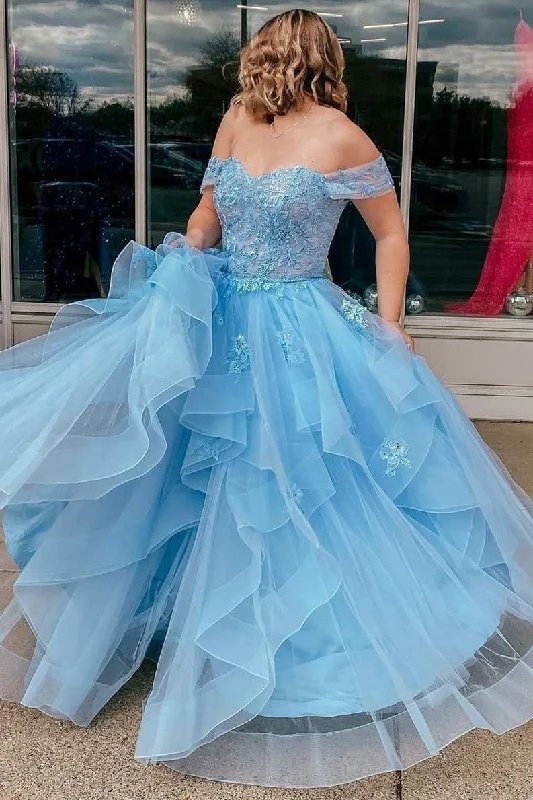 glamorous prom dressesLight Blue Tulle Off-the-Shoulder Tiered A-Line Prom Dress