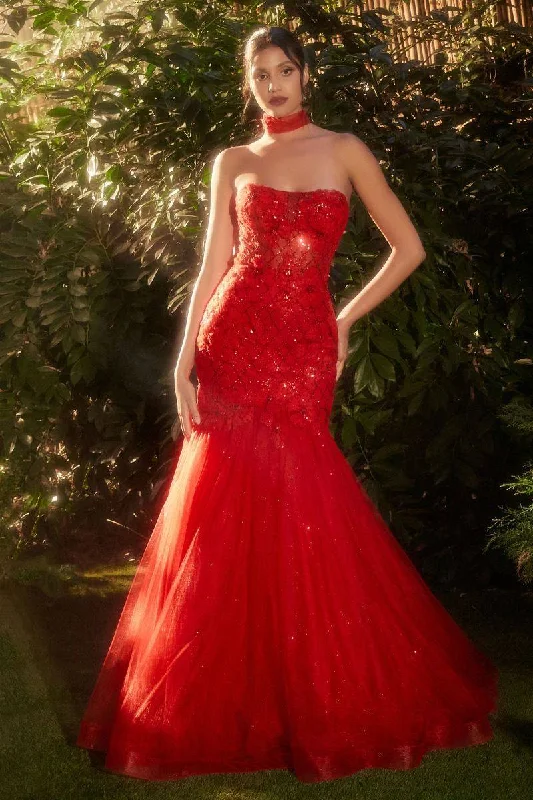 mid-length prom dressesStrapless Red Tulle Mermaid Lace Up Back Long Prom Dress CDA1345