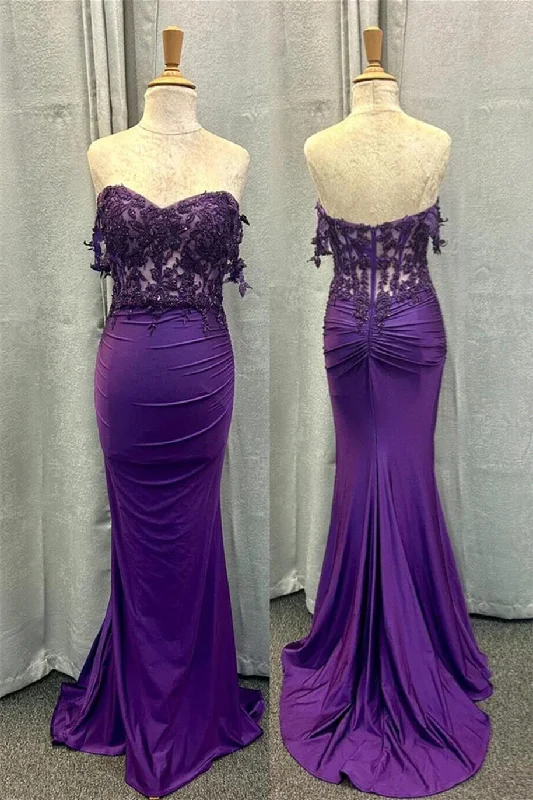 backless prom dressesPurple Off-Shoulder Floral Mermaid Satin Long Prom Dress