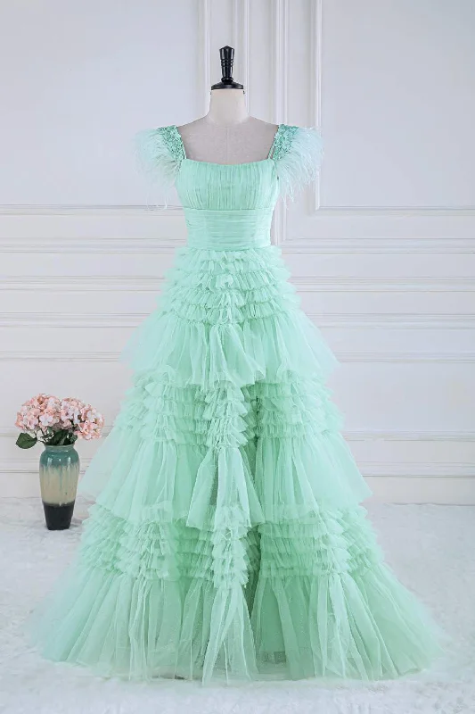 empire waist prom dressesMint Green Floral A-line Layers Long Prom Dress with Feather