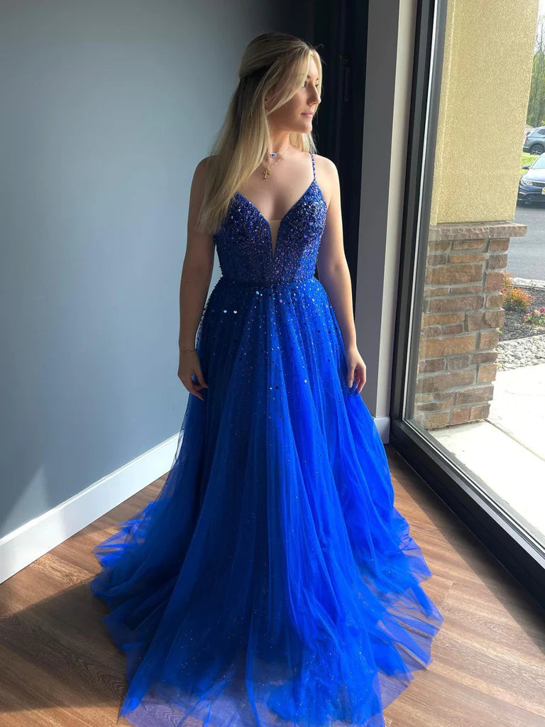 satin prom dressesWholesale V Neck Open Back Beaded Blue Prom Dresses