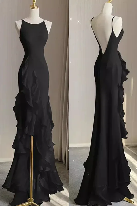 high-low prom dressesBlack Mermaid Prom Gown with Ruffles, Spaghetti Straps Backless Dress MD7293