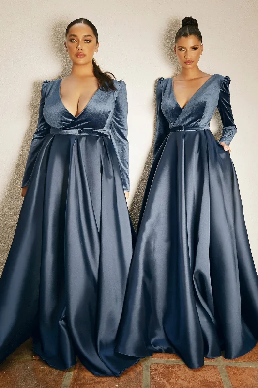 affordable prom dressesVelvet Long sleeves V-neck Fitted Bodice A-line Plus Size Long Ball & Prom Dress CDCD226