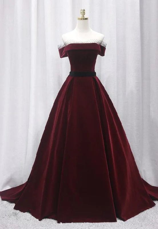 halter prom dressesBurgundy velvet long prom gown formal dress  M650