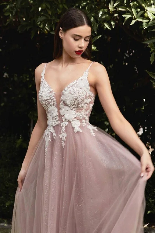 backless prom dressesFloral A-Line Embroidered Lace Illusion V-Neck Long Prom Dress CDCB075