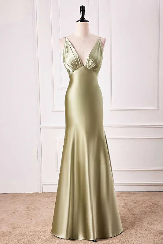 illusion sleeve prom dressesDusty Sage Plunging V Neck Mermaid Satin Long Prom Dress