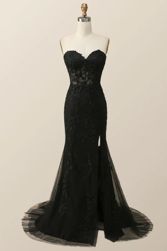 prom dresses for fallStrapless Black Lace Mermaid Long Prom Dress