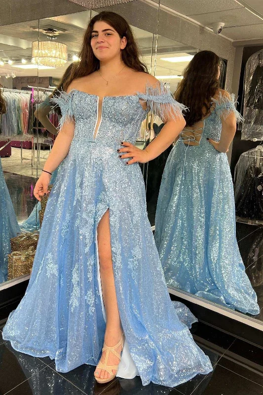 corset prom dressesOff-the-Shoulder Blue Sequin Feather A-Line Prom Dress with Slit