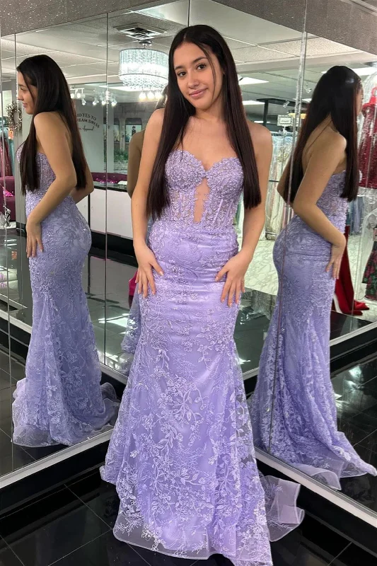 fitted prom dressesLavender Strapless Cut-Out Mermaid Floral Long Prom Dress