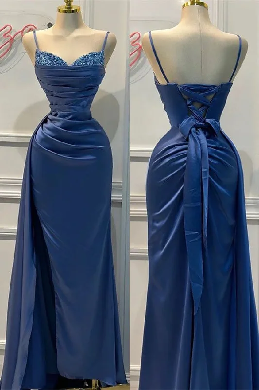 prom dresses with built-in petticoatsBlue Spaghetti Straps Sheath Satin Long Formal Prom Dress, D27