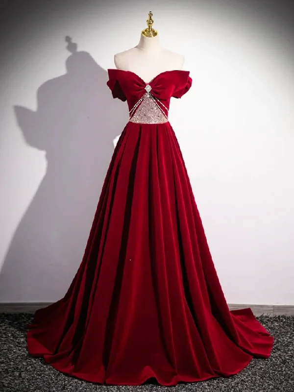 high-slit prom dressesRed Velvet Sequins Long Prom Dress Elegant Off the Shoulder A-Line Formal Dress MD7182