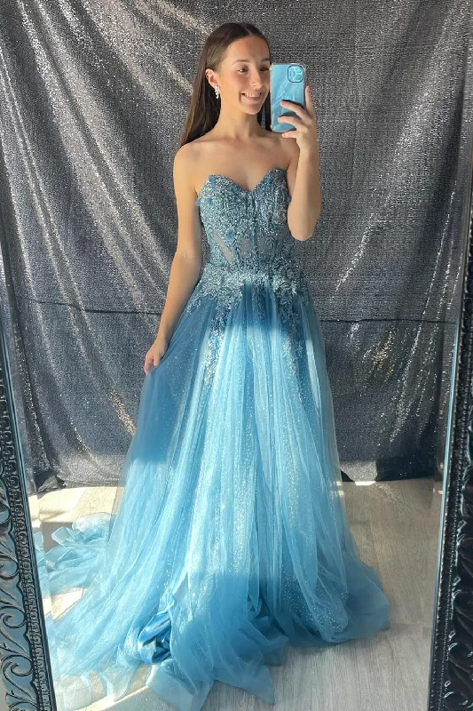 prom dress fitting adviceAqua Strapless Floral Appliques A-line Long Prom Dress