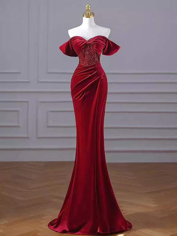 fitted prom dressesMermaid Burgundy Off The Shoulder Long Prom Dresses Velvet Birthday Outfits MD7714