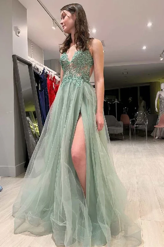 spaghetti strap prom dressesSage Green Tulle Floral Lace Backless A-Line Prom Dress with Slit