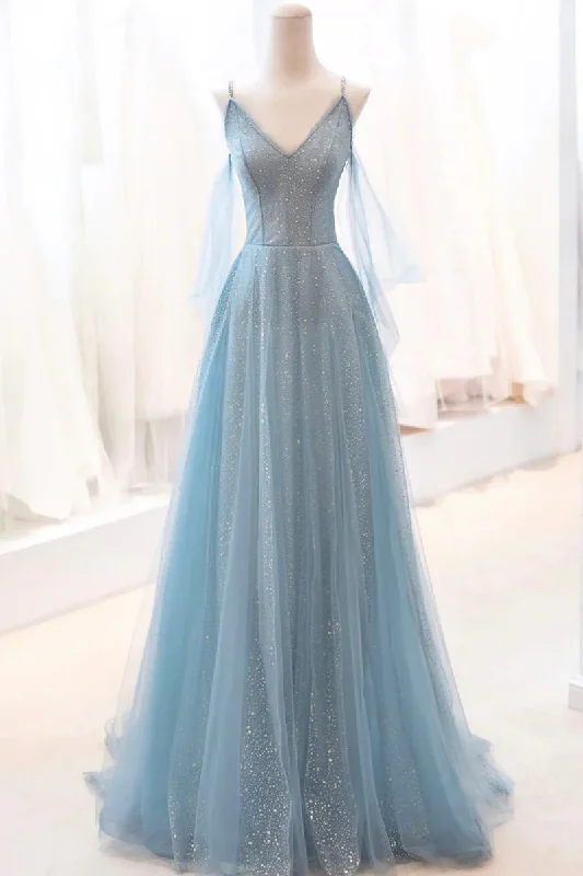 A-line prom dressesShiny Blue V Neck Spaghetti Straps A-Line Tulle Long Prom Dress MD7280