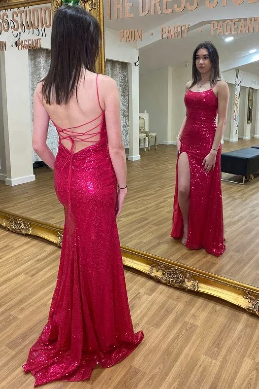 fitted prom dressesFuchsia Sequin Scoop Neck Lace-Up Mermaid Long Prom Dress with Slit