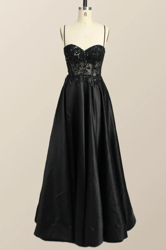 prom dresses for springBeaded Black Satin A-line Prom Dress