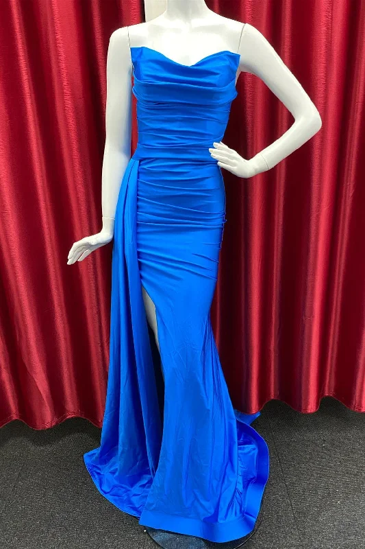 spaghetti strap prom dressesRoyal Blue Cowl Strapless Mermaid Satin Long Prom Dress with Slit