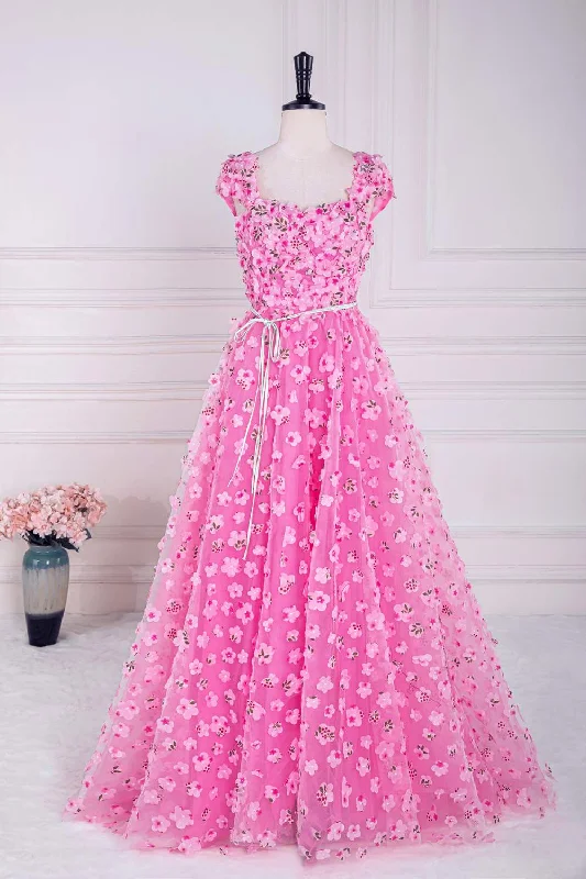 affordable prom dressesPink 3D Floral Appliques A-line Long Prom Dress with Sash