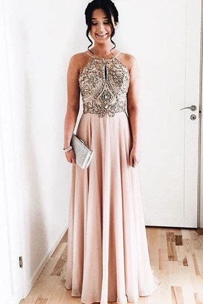 maxi prom dressesElegant Beaded Pink Long Prom Dress