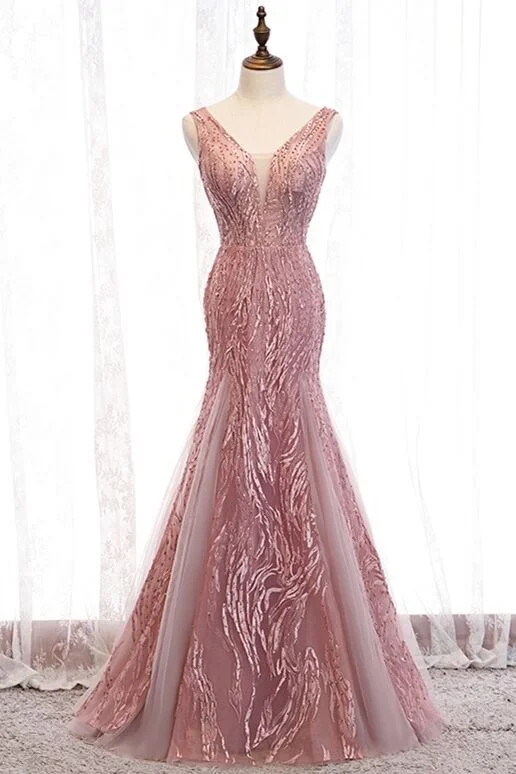 modern prom dressesElegant Mermaid Blush Long Prom Dress