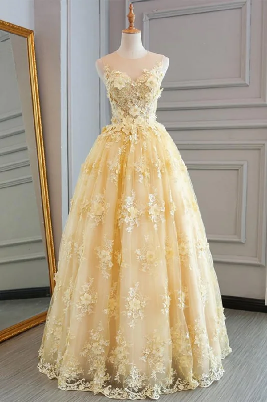 mini prom dressesNew Style Yellow Sheer Neck Tulle Lace Appliqued Floor-length Prom Dresses M1170