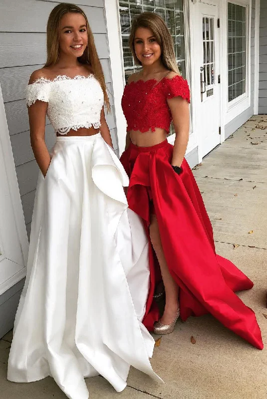 prom dress style guidesTwo Piece Off the Shoulder White-Red Long Prom Dress