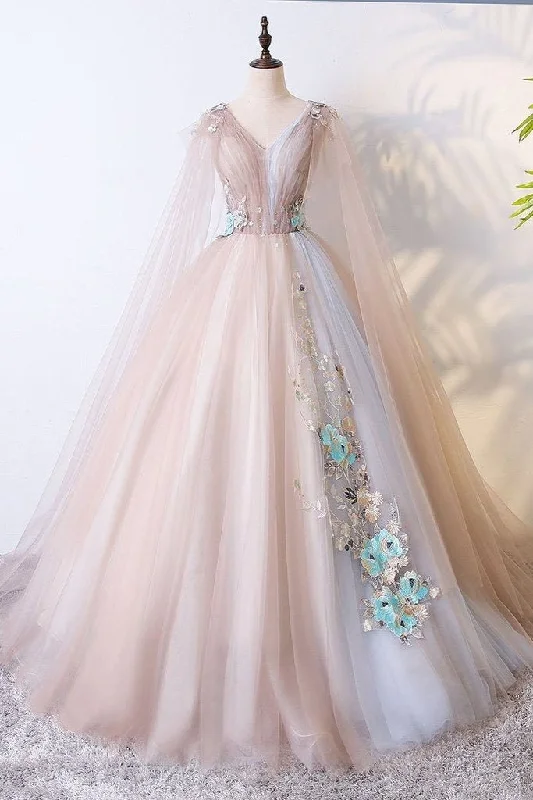 cap sleeve prom dressesBall Gown V Neck Tulle Prom Dress with Appliques, Unique Floor Length Quinceanera Dresses M1864