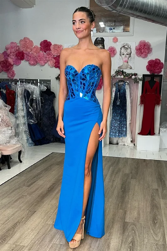 mid-length prom dressesRoyal Blue Mirror-Cut Sequins Strapless Mermaid Long Prom Dress with Slit