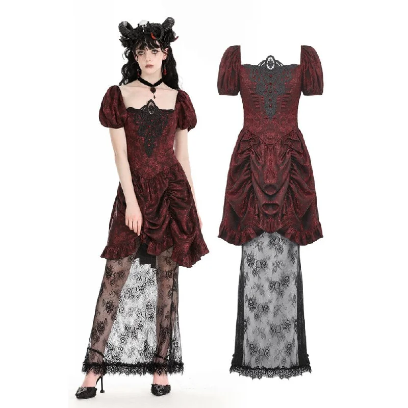 mini prom dressesWomen's Gothic Puff Sleeved Lace Splice Red Prom Dress