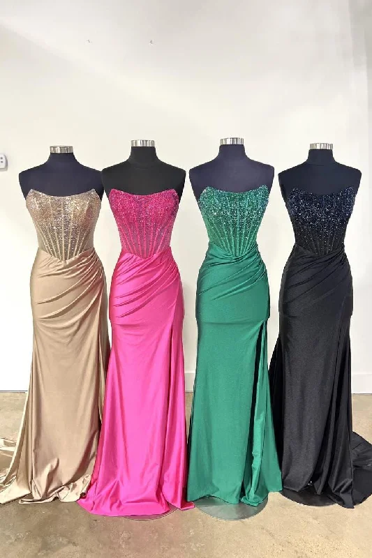 prom dresses with pocketsBeaded Fuchsia Strapless Satin Mermaid Long Prom Dress