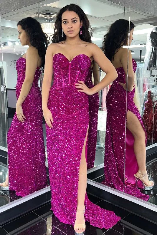 cap sleeve prom dressesFuchsia Sequin Sweetheart Mermaid Long Prom Dress with Slit