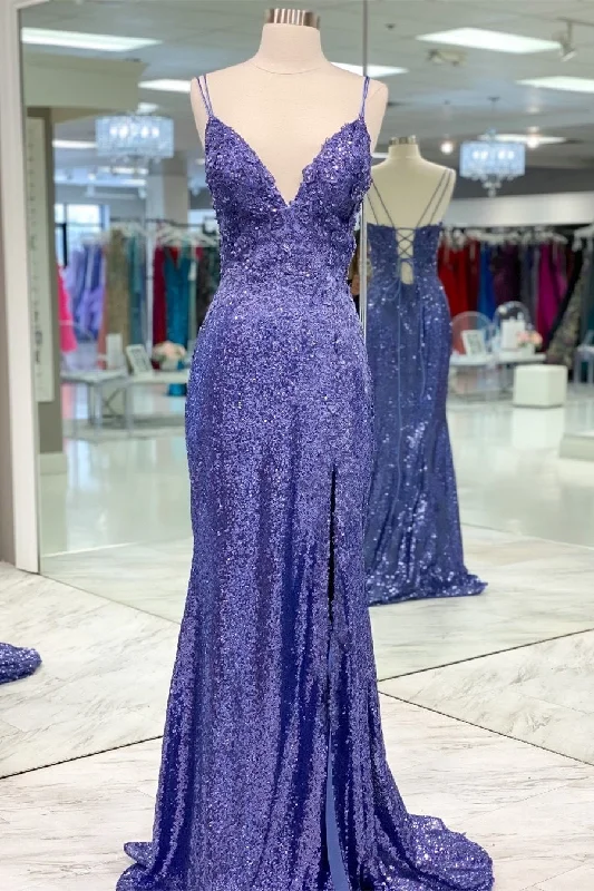 high-low prom dressesMermaid Purples Sequins Long Prom Dress with Slit