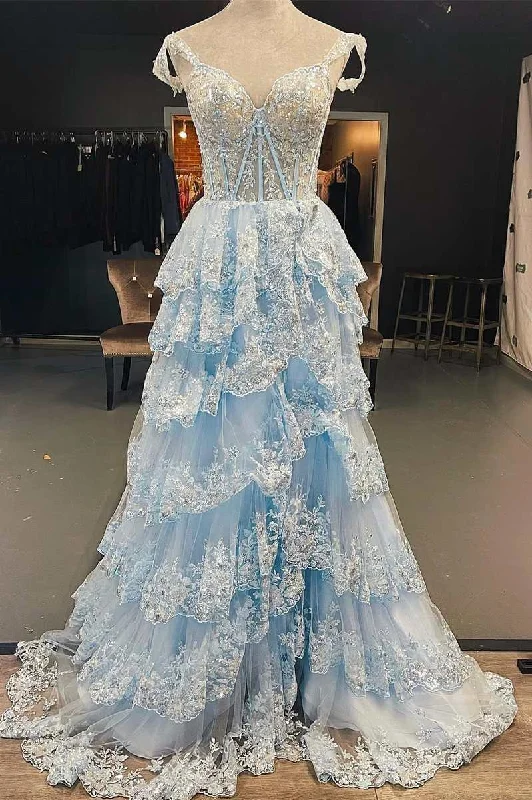 sleeveless prom dressesLight Blue Lace Sweetheart Tiered Long Prom Dress with Slit