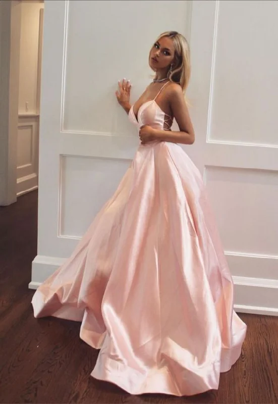 glamorous prom dressesLight Pink Straps A-Line Satin Long Prom Dress Graduation Dress MD7358