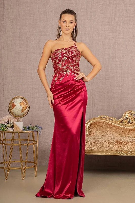 mini prom dressesStrapless Sheer Bodice Glitter Satin Mermaid w/ Ruched Back Long Prom Dress GLGL3125