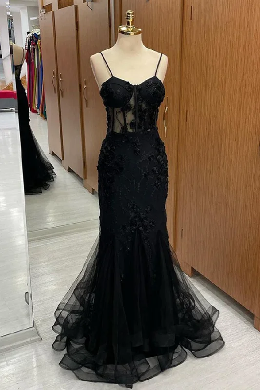 affordable prom dressesSexy Black Spaghetti Straps Appliques Mermaid Long Prom Dress MD7267