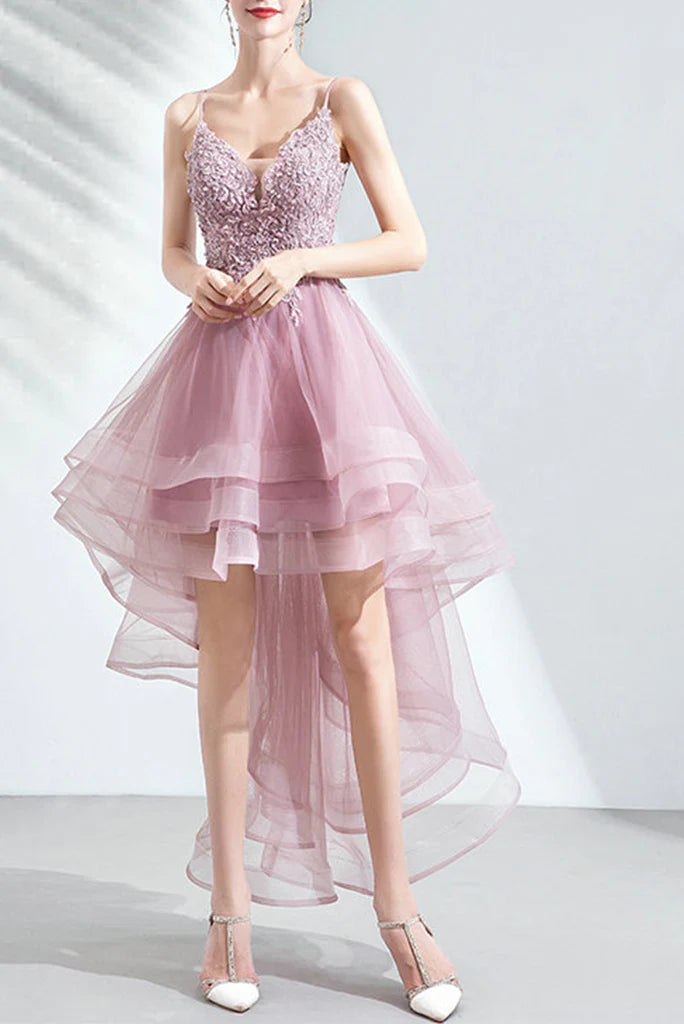 prom dresses for pear shapesDingJiDress V Neck Prom Dresses High Low Straps Tulle Homecoming Dresses with Appliques