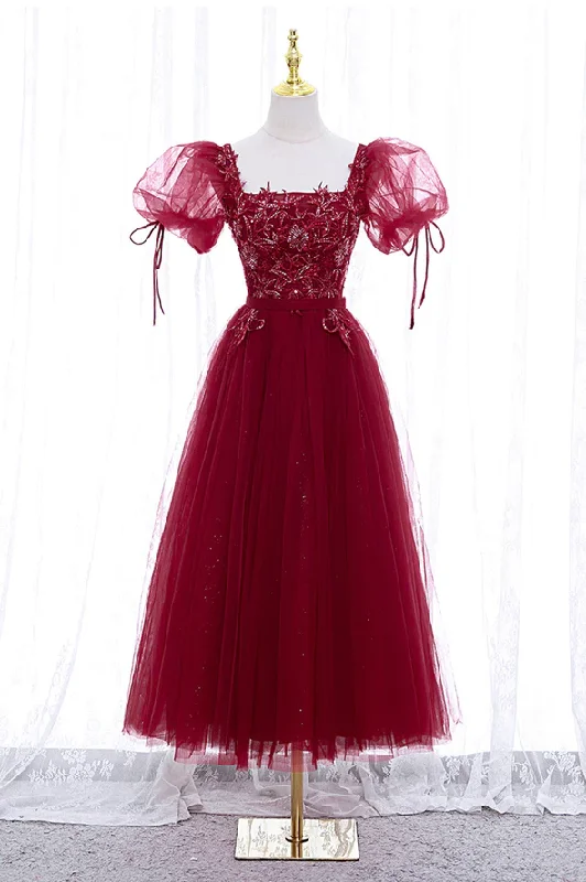 empire waist prom dressesBurgundy tulle lace short prom dress homecoming dress M5988