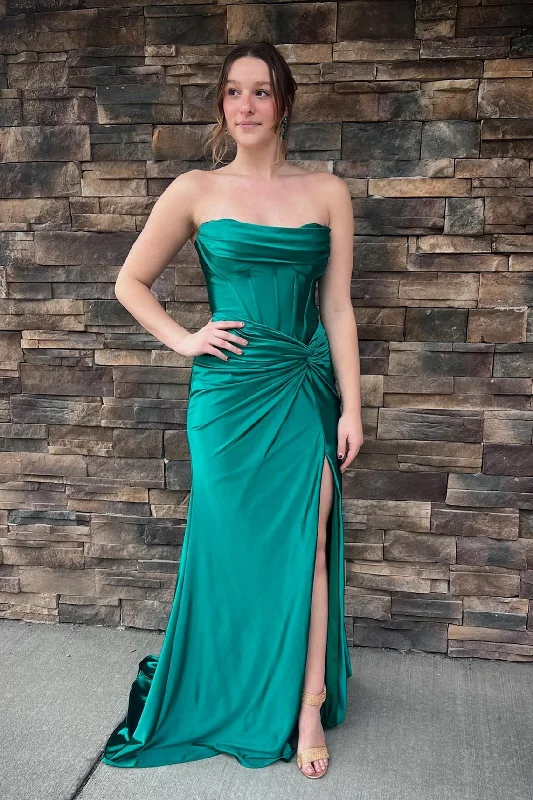 animal print prom dressesGreen Ruched Strapless Mermaid Long Prom Dress