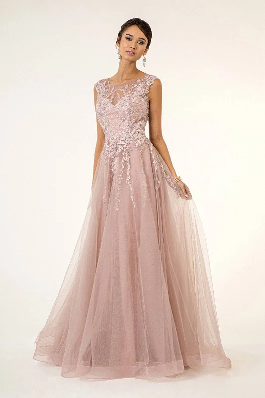 prom dresses with illusion panelsEmbroidered Mesh Boat Neck A-Line w/ Sheer Back - Mask Not Included Long Prom Dress GLGL1923