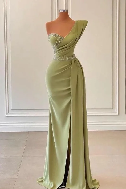 prom dresses with sheer overlaysModern One Shoulder Sage Mermaid Prom Dress Long Ruffles With Beads M5886