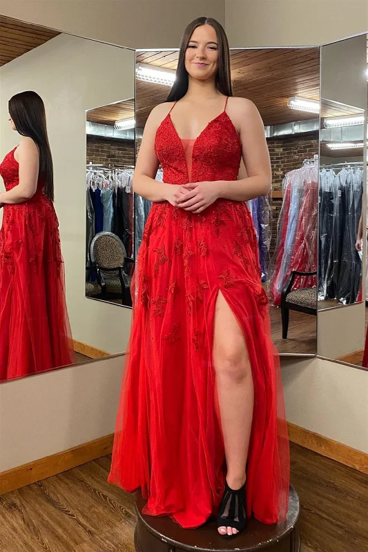 prom dresses with sequin detailingRed Plunging V Neck Floral Appliques Slip Long Prom Dress with Slit