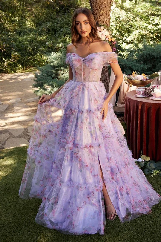 prom dresses for hourglass figuresOff Shoulder Floral A-Line Open Back Layered Skirt Long Prom Dress CDA1286